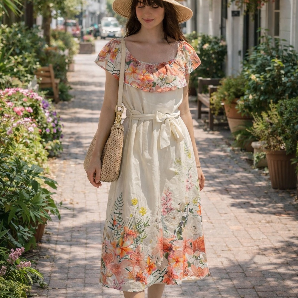 Italian Linen Blend Floral Midi Dress Ruffle Neckline Resort Euro Vacation XL
